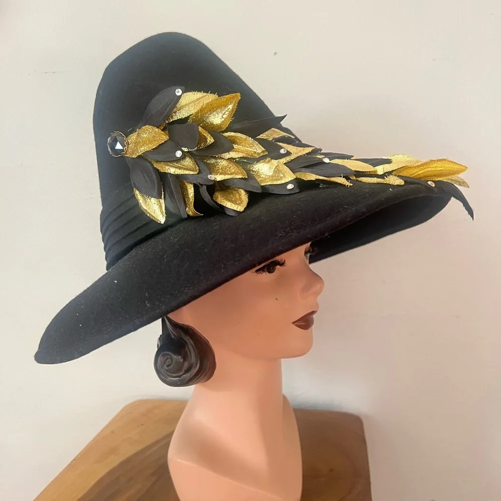 DEADSTOCK 90’s Vintage Black Wool Felt Fedora Gold Leaf Rhinestones Women's Hat - Picture 7 of 16